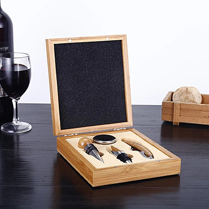 Kit de accesorios para vino PrimeKool - 4 herramientas en caja de bambú 